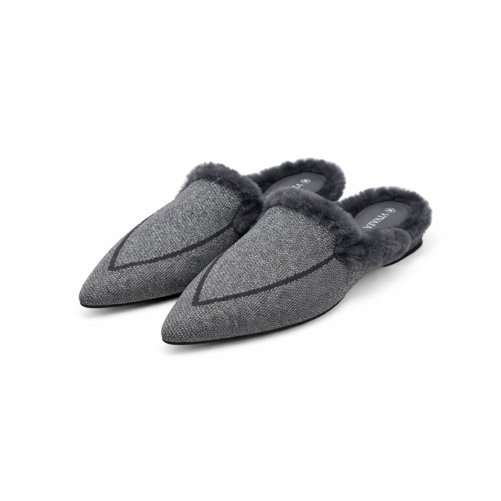 VIVAIA Faux Fur Lined Pointed-Toe Mule Flats Grey – EU 39 / US 8.5